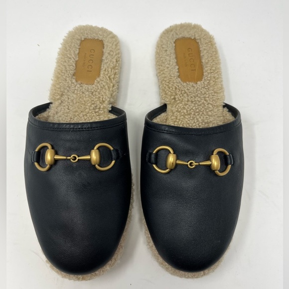 Gucci Shearling Fria Leather Horse Bit Black Mule size 39.5 EU Slipper Slip On - Picture 1 of 5